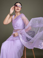 Monjolika Fashion Women'S Lavender Soft Net SareeWith Sequin Embellished Border And Pallu