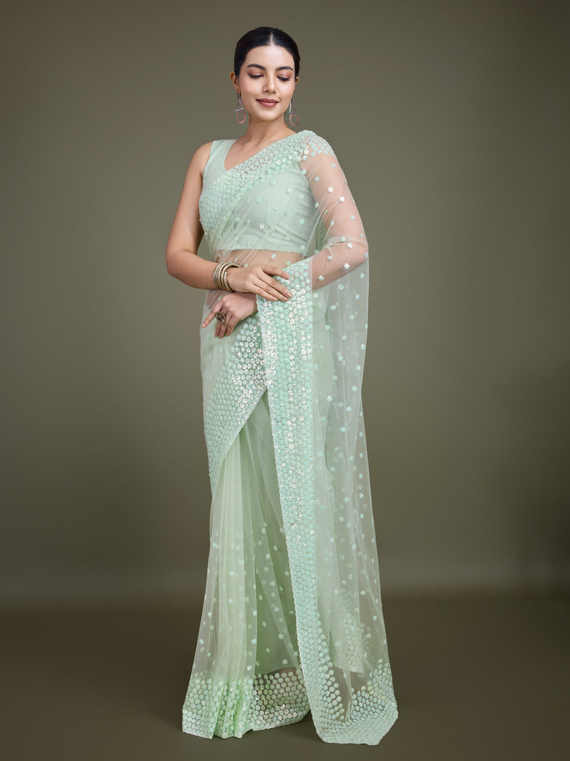 Monjolika Fashion Women'S Light Green Soft Net SareeWith Sequin Embellished Border And Pallu - Distacart