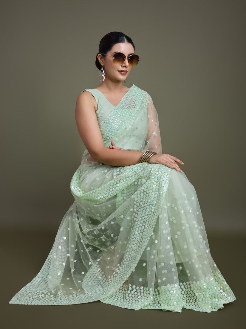 Monjolika Fashion Women'S Light Green Soft Net SareeWith Sequin Embellished Border And Pallu - Distacart