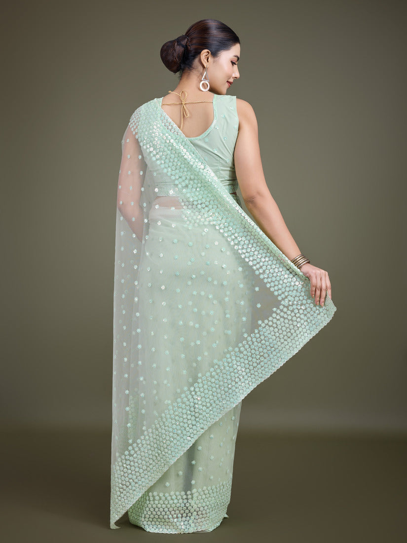 Monjolika Fashion Women'S Light Green Soft Net SareeWith Sequin Embellished Border And Pallu - Distacart