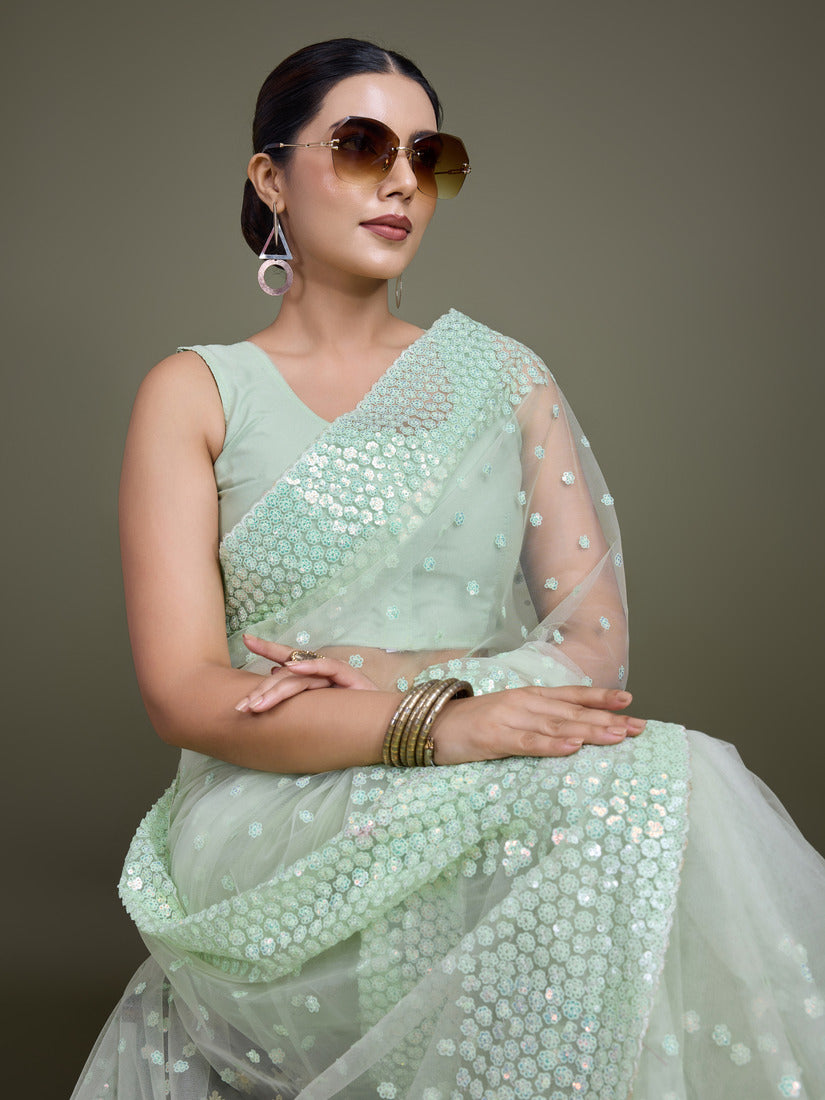 Monjolika Fashion Women'S Light Green Soft Net SareeWith Sequin Embellished Border And Pallu - Distacart