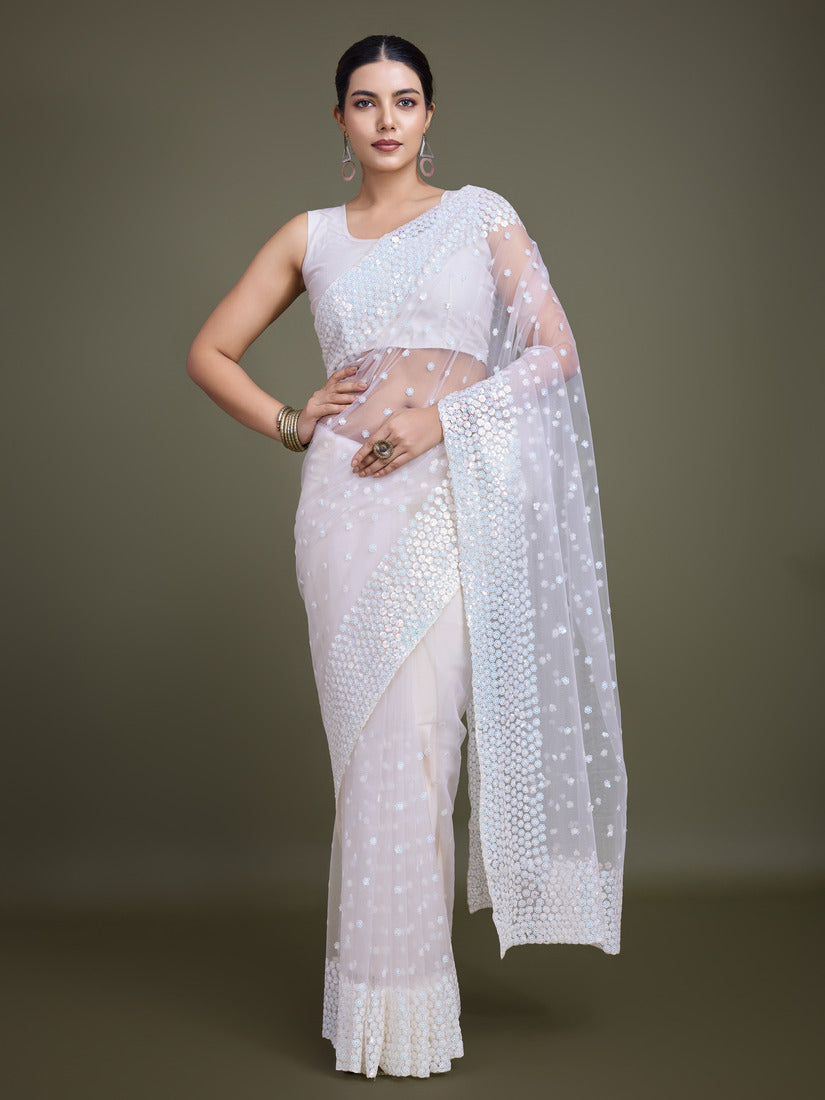 Monjolika Fashion Women'S White Soft Net SareeWith Sequin Embellished Border And Pallu