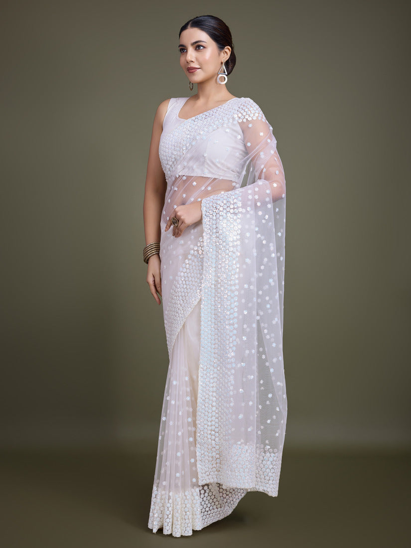 Monjolika Fashion Women'S White Soft Net SareeWith Sequin Embellished Border And Pallu