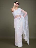 Monjolika Fashion Women'S White Soft Net SareeWith Sequin Embellished Border And Pallu