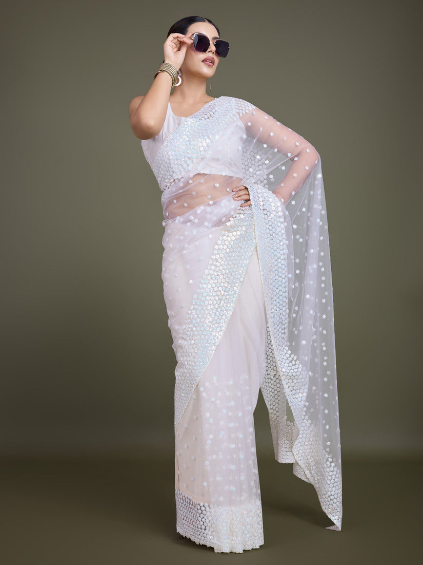 Monjolika Fashion Women'S White Soft Net SareeWith Sequin Embellished Border And Pallu