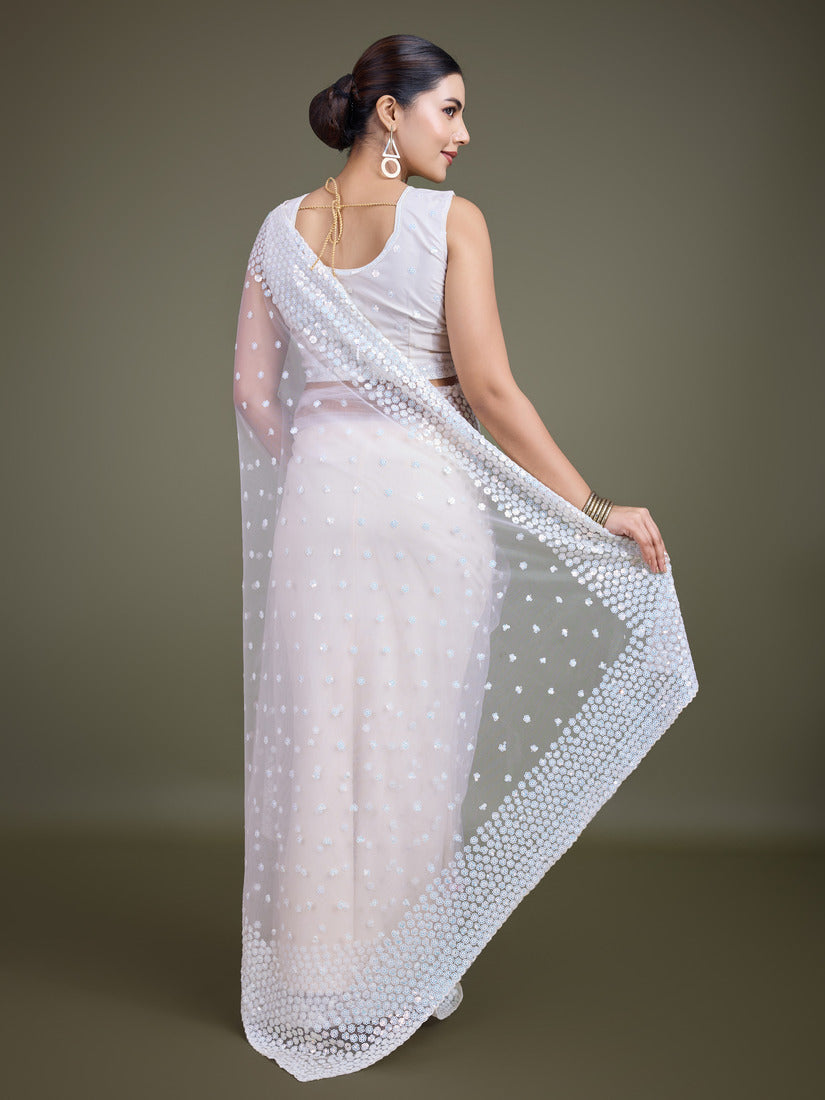 Monjolika Fashion Women'S White Soft Net SareeWith Sequin Embellished Border And Pallu