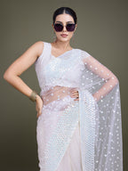 Monjolika Fashion Women'S White Soft Net SareeWith Sequin Embellished Border And Pallu