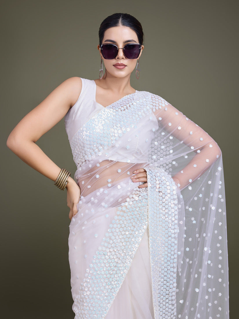 Monjolika Fashion Women'S White Soft Net SareeWith Sequin Embellished Border And Pallu