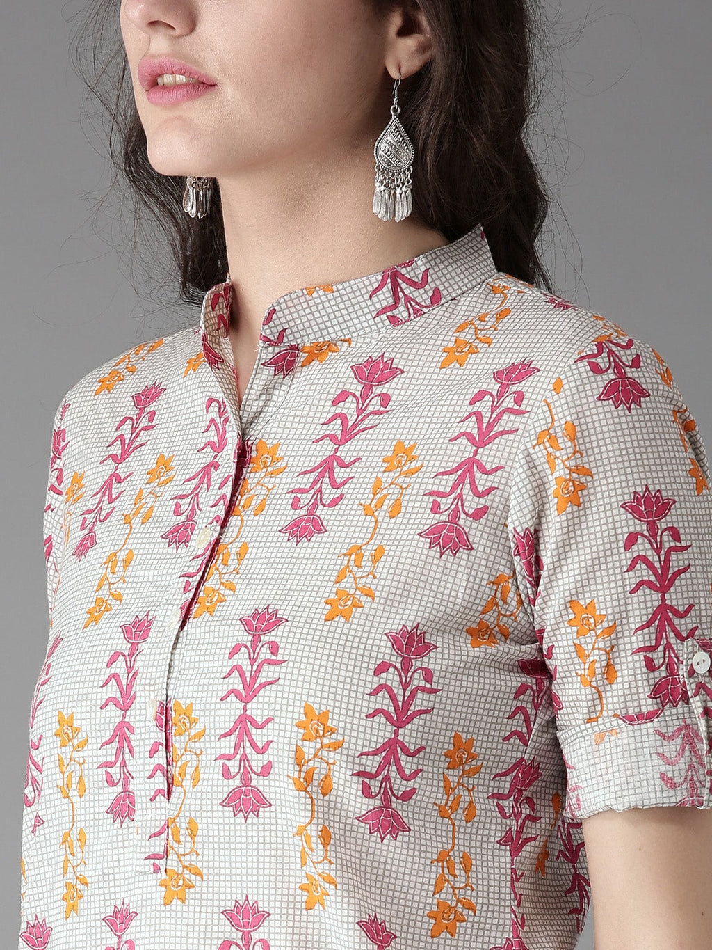 HERE&NOW Women Grey & Pink Printed Straight Kurta
