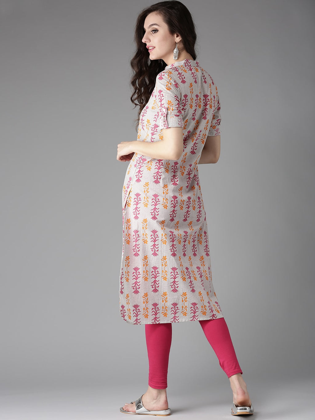 HERE&NOW Women Grey & Pink Printed Straight Kurta