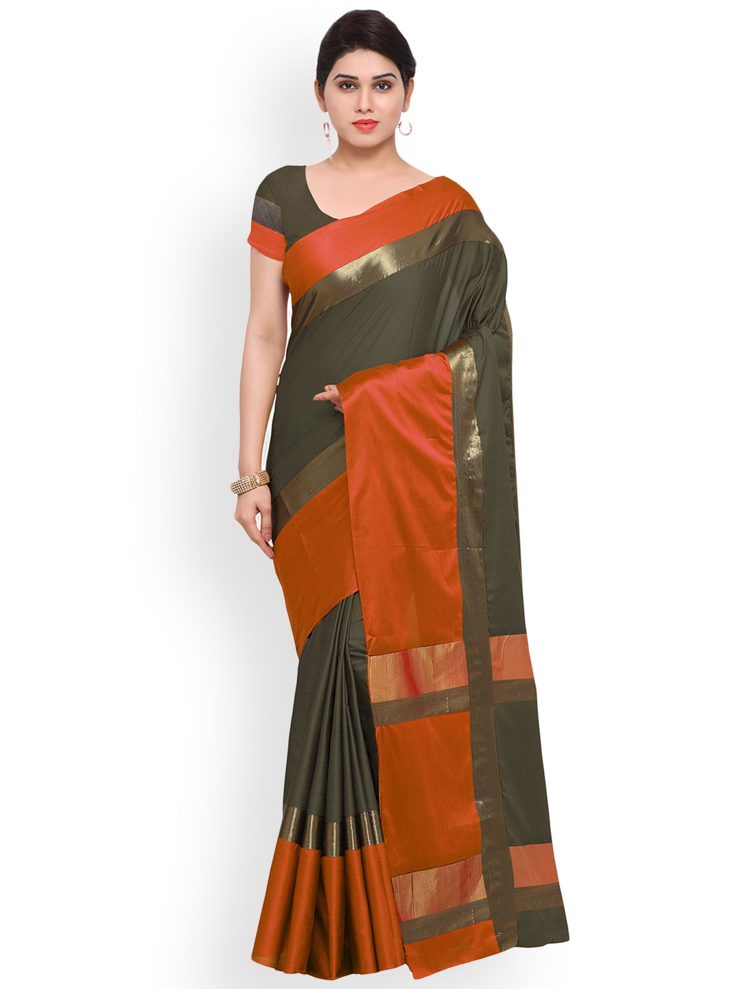 Saree Mall Green & Orange Solid Art Silk Saree