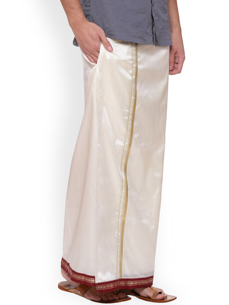 Sethukrishna Men Cream Solid Double Layer Readymade Dhoti With Pocket