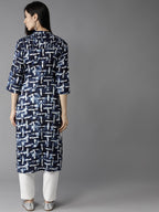 HERE&NOW Women Navy Blue & Off-White Printed Straight Kurta