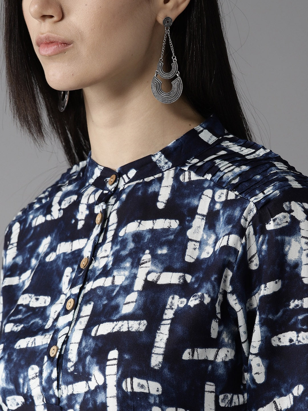 HERE&NOW Women Navy Blue & Off-White Printed Straight Kurta