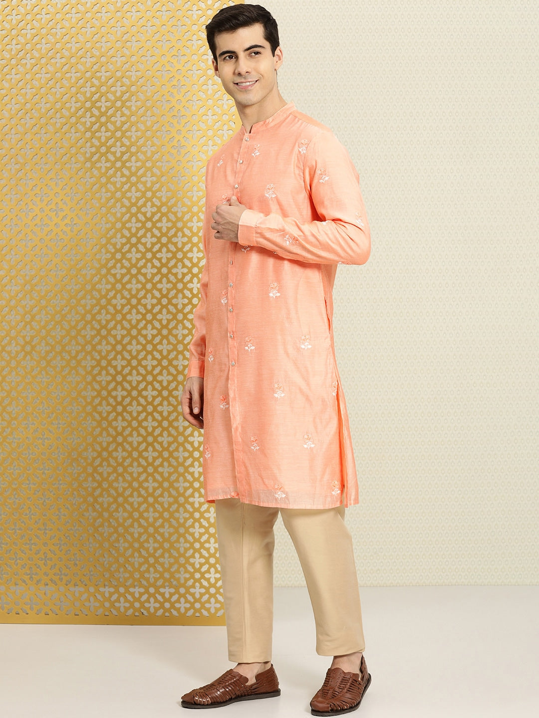 House of Pataudi Men Peach-Coloured Floral Embroidered A-Line Kurta