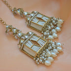 Tehzeeb Creations Stylish White Pearls Gold-Polished Kundan Studded Beads Beaded Drop Earrings With Ear Chain Long Earring Set - Distacart