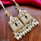 Tehzeeb Creations Stylish White Pearls Gold-Polished Kundan Studded Beads Beaded Drop Earrings With Ear Chain Long Earring Set - Distacart