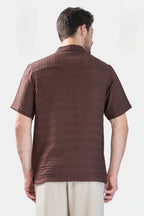 Xkind Brown Horizontal Pleated Stripes Relaxed Fit Shirt