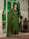 Vedant Vastram Simmer Silk Hand Work & Embroidery Work Stitched Kurta Pant Dupatta Set-Mahendi - Distacart