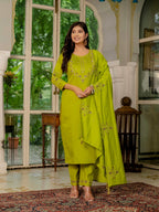 Vedant Vastram Simmer Silk Hand Work & Embroidery Work Stitched Kurta Pant Dupatta Set-Parrot Green - Distacart