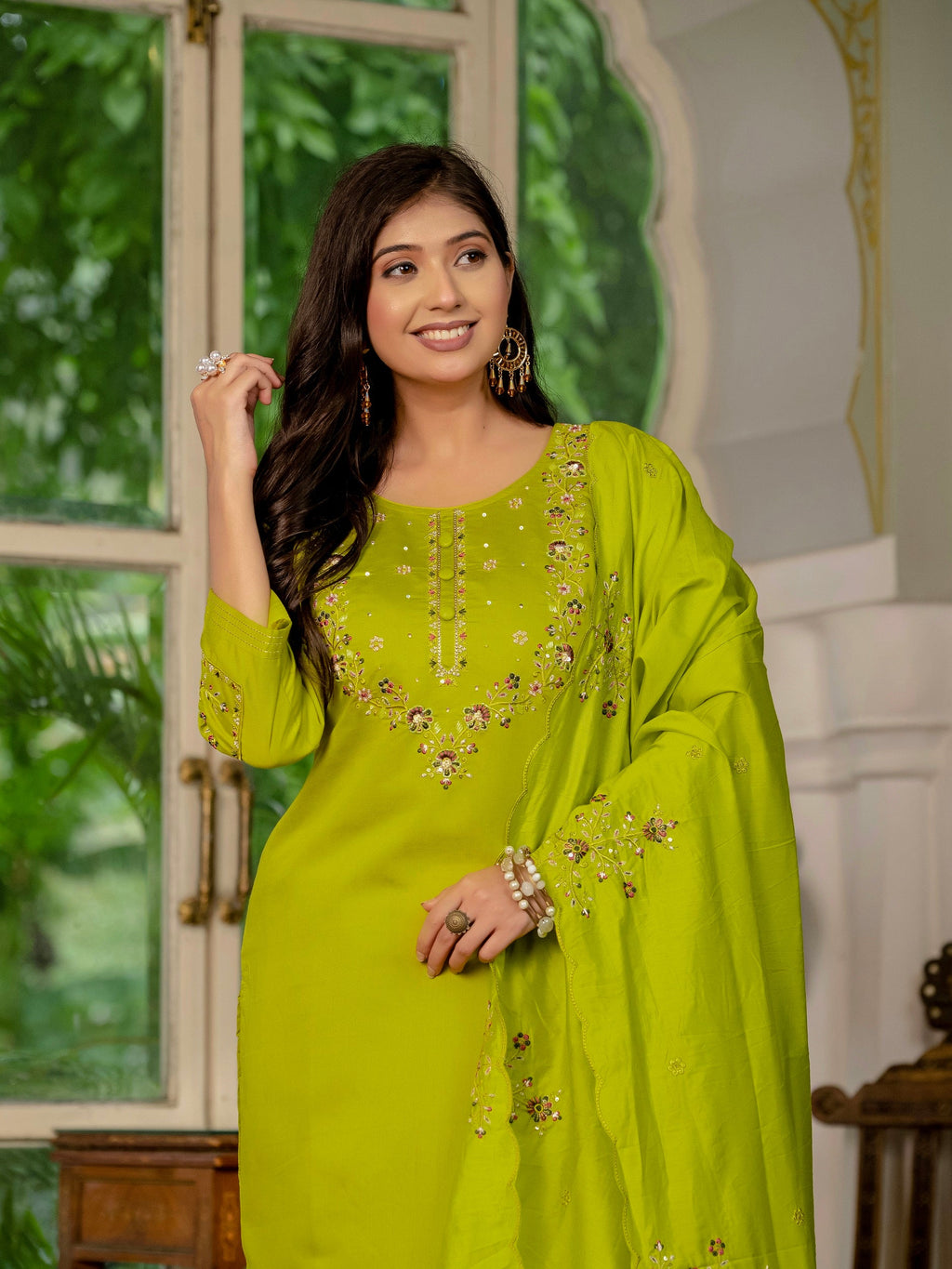Vedant Vastram Simmer Silk Hand Work & Embroidery Work Stitched Kurta Pant Dupatta Set-Parrot Green - Distacart