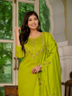Vedant Vastram Simmer Silk Hand Work & Embroidery Work Stitched Kurta Pant Dupatta Set-Parrot Green - Distacart