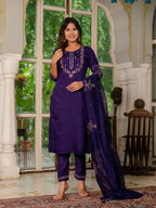 Vedant Vastram Shimmer Silk Hand Work & Embroidery Work Stitched Kurta Pant Dupatta Set-Violet - Distacart
