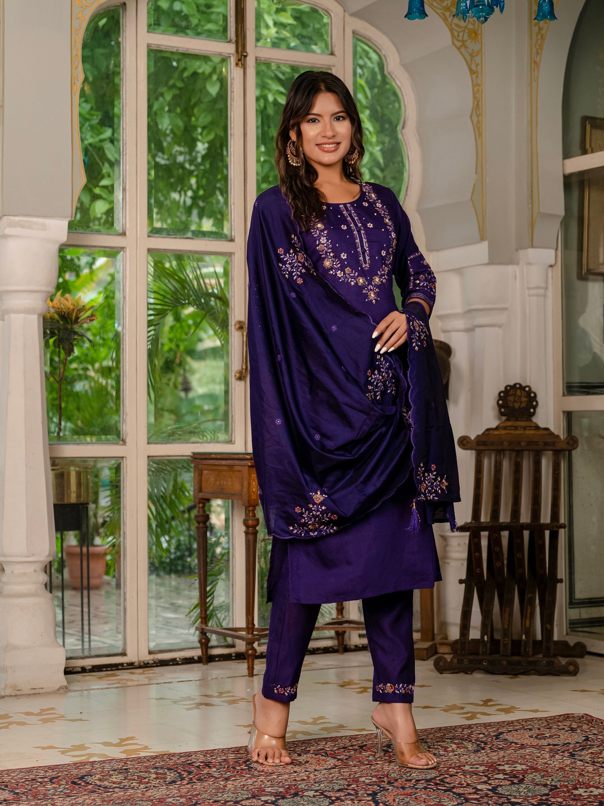 Vedant Vastram Shimmer Silk Hand Work & Embroidery Work Stitched Kurta Pant Dupatta Set-Violet - Distacart
