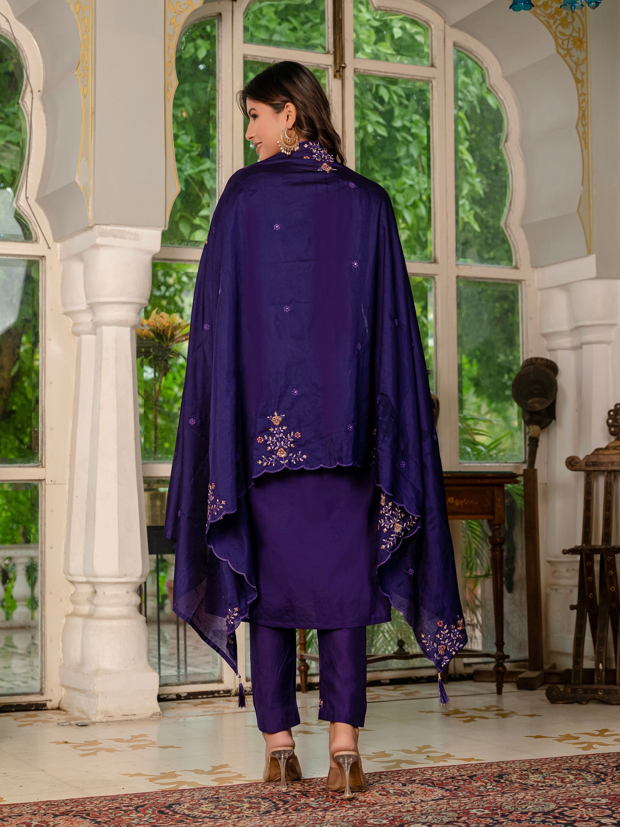 Vedant Vastram Shimmer Silk Hand Work & Embroidery Work Stitched Kurta Pant Dupatta Set-Violet - Distacart