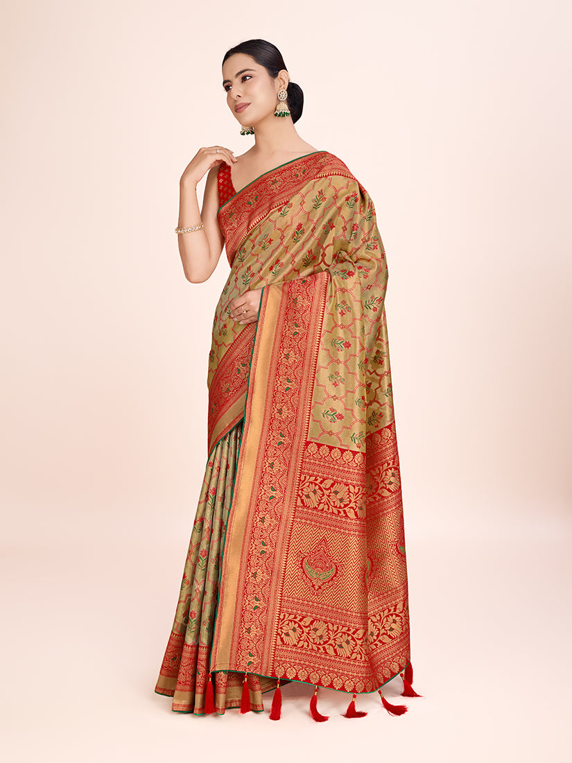 Monjolika Fashion Exquisite Designs With This Regal Red Rich Look Banarasi Tissue Silk Saree
