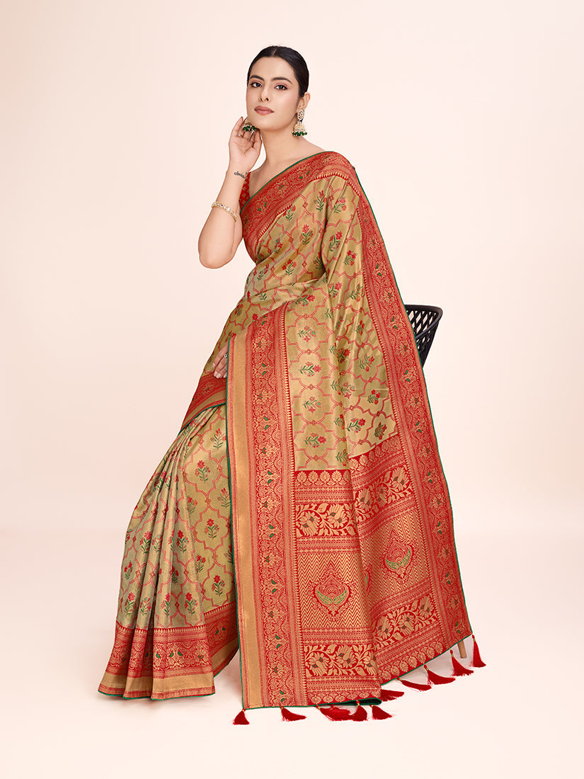 Monjolika Fashion Exquisite Designs With This Regal Red Rich Look Banarasi Tissue Silk Saree