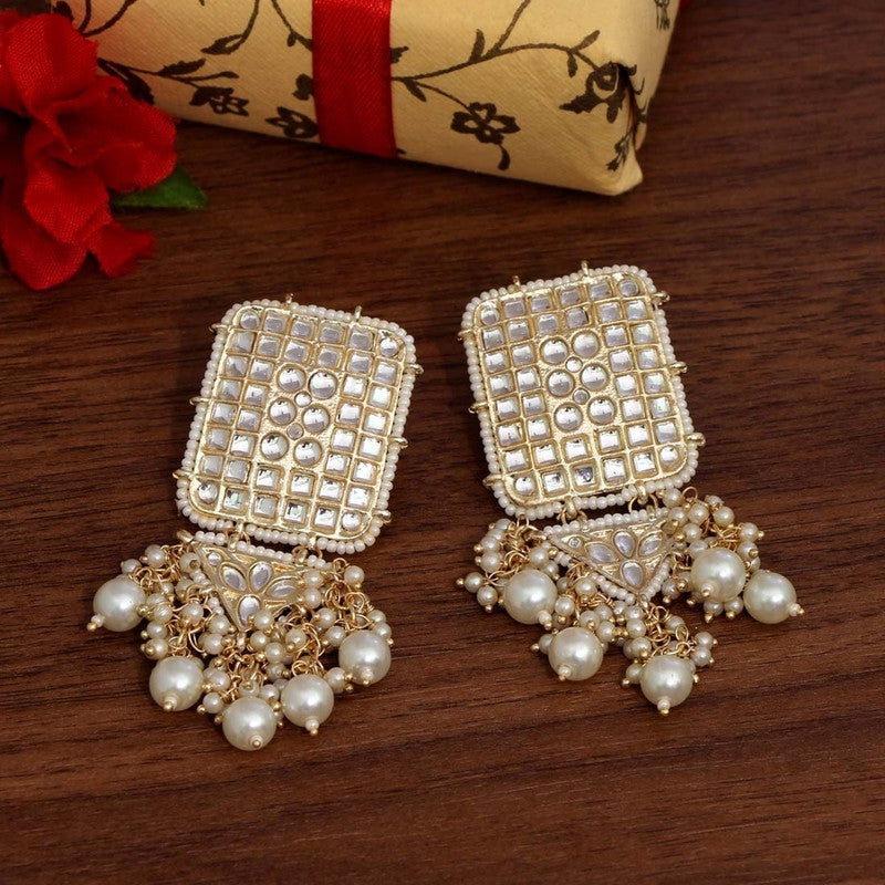 Tehzeeb Creations Jewellery Gold Tone Jadau Kundan & Pearls Large Drop Earrings For Women & Girls - Distacart