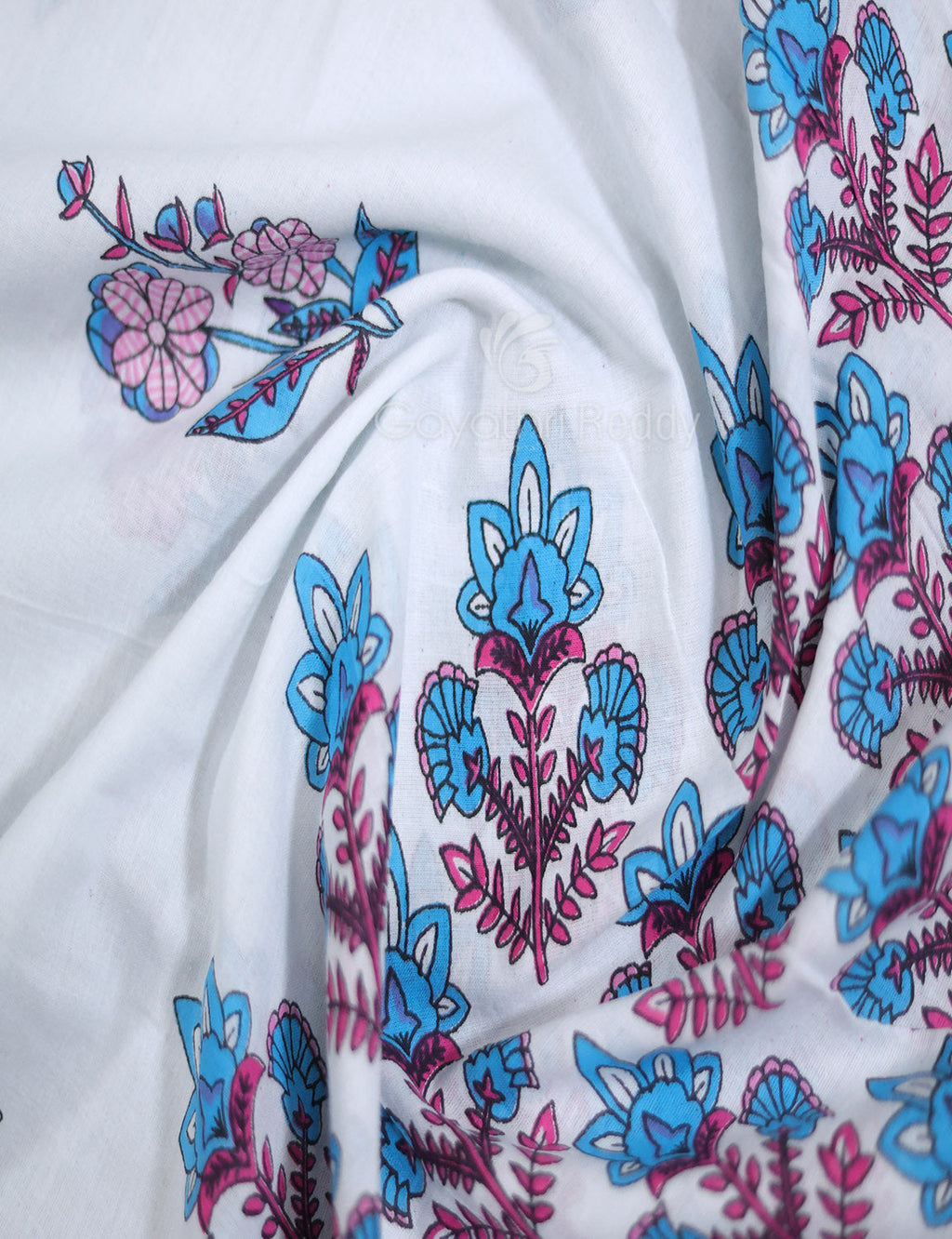 White And Cloud Blue Printed Cotton Sareecotton Saree-C569 By Gayathri Reddy Designer Studio