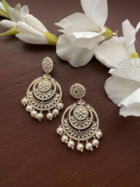 Tehzeeb Creations Gold-Polished Traditional Chandbali Drop Kundan & Pearl Earring For Women