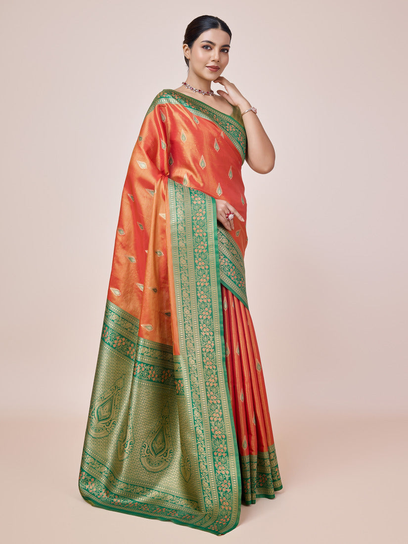 Monjolika Fashion Glamour And Tradition With This Zari Woven Banarasi Tissue Silk Orange Saree - Distacart