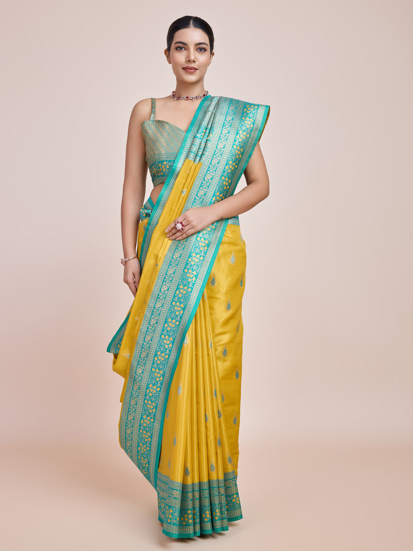 Monjolika Fashion Glamour And Tradition With This Zari Woven Banarasi Tissue Silk Yellow Saree - Distacart