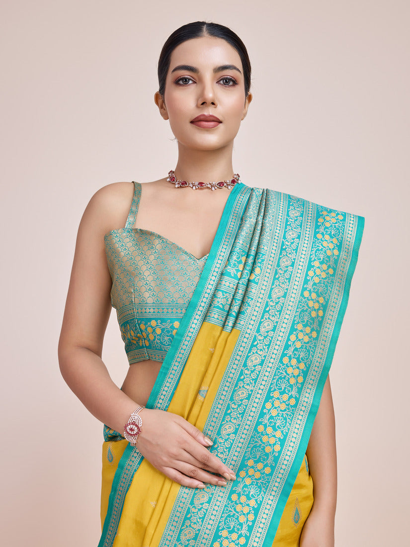 Monjolika Fashion Glamour And Tradition With This Zari Woven Banarasi Tissue Silk Yellow Saree - Distacart
