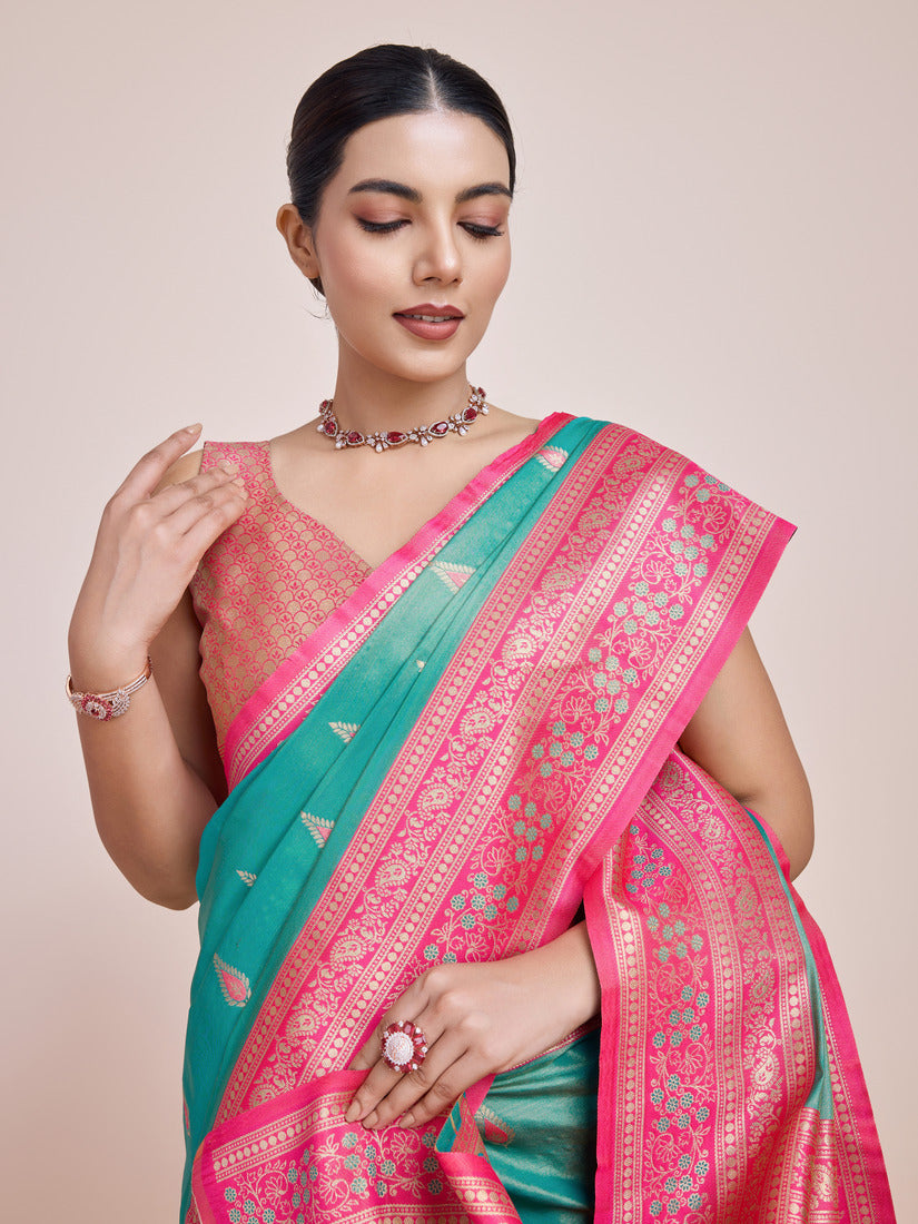 Monjolika Fashion Glamour And Tradition With This Zari Woven Banarasi Tissue Silk Turquoise Saree - Distacart