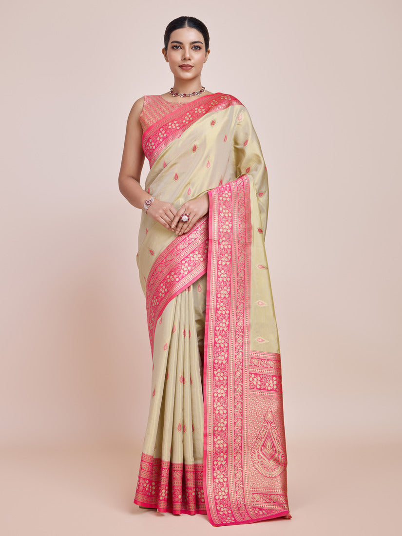 Monjolika Fashion Glamour And Tradition With This Zari Woven Banarasi Tissue Silk Cream Saree - Distacart