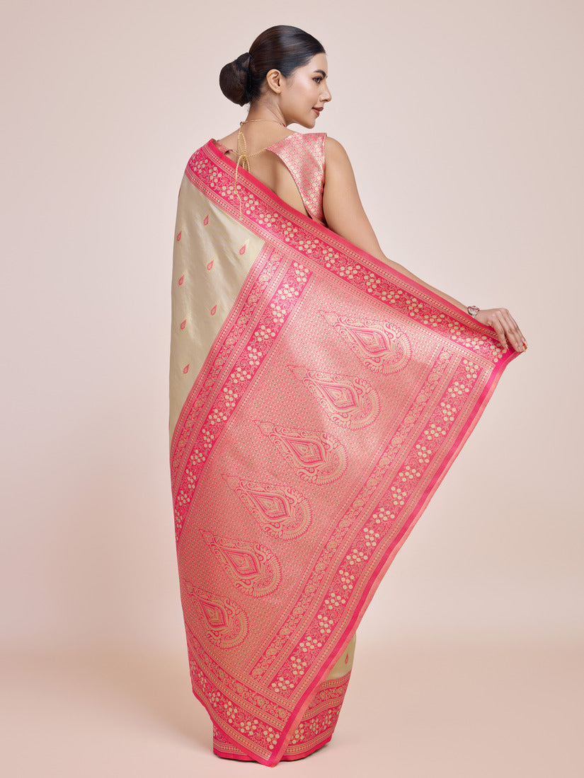 Monjolika Fashion Glamour And Tradition With This Zari Woven Banarasi Tissue Silk Cream Saree - Distacart