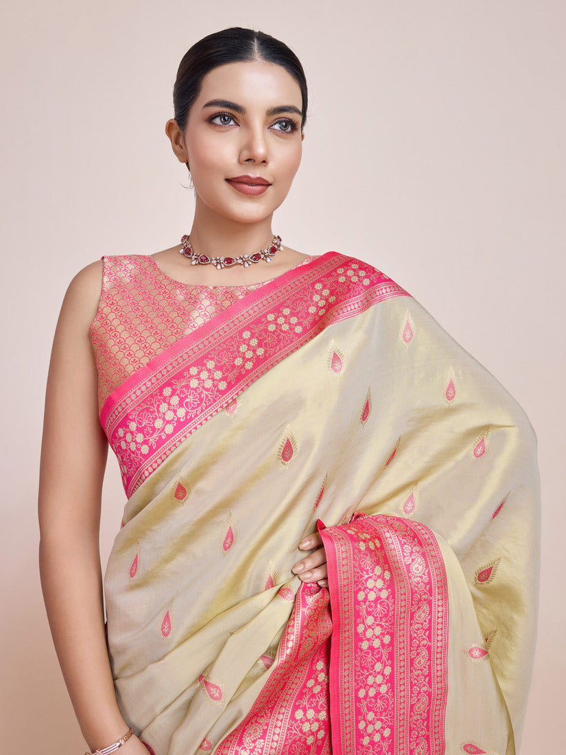Monjolika Fashion Glamour And Tradition With This Zari Woven Banarasi Tissue Silk Cream Saree - Distacart