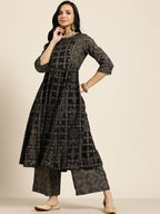 Sangria Women Black & Golden Ethnic Motifs Printed Pure Cotton Kurta with Palazzos