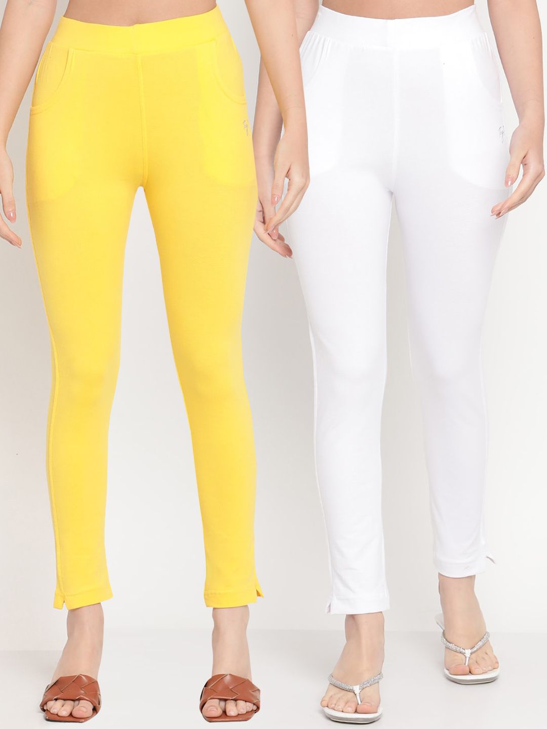 TAG 7 Women Yellow & White Pack of 2 Straight Fit Ankle-Length Leggings