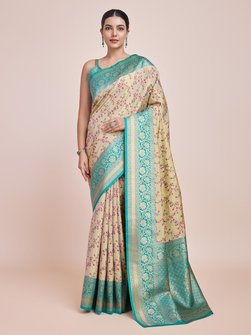 Monjolika Fashion Cream Banarasi Tissue Silk SareeWith Zari Woven Work