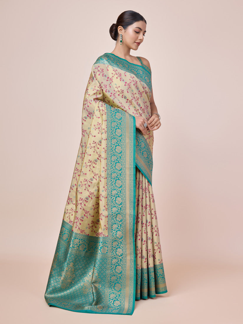 Monjolika Fashion Cream Banarasi Tissue Silk SareeWith Zari Woven Work