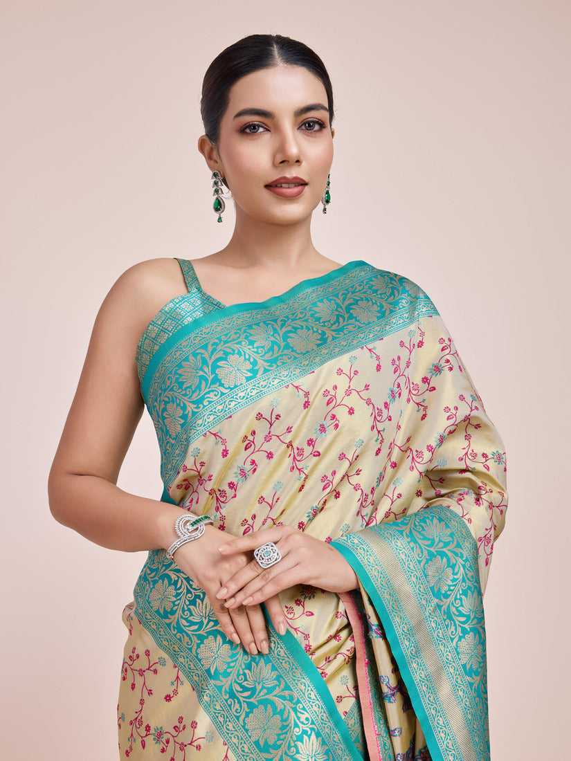 Monjolika Fashion Cream Banarasi Tissue Silk SareeWith Zari Woven Work