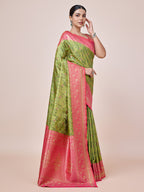 Monjolika Fashion Parrot Green Banarasi Tissue Silk SareeWith Zari Woven Work - Distacart