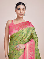 Monjolika Fashion Parrot Green Banarasi Tissue Silk SareeWith Zari Woven Work - Distacart