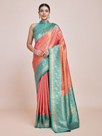 Monjolika Fashion Peach Banarasi Tissue Silk SareeWith Zari Woven Work