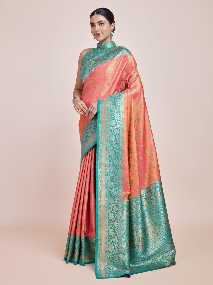 Monjolika Fashion Peach Banarasi Tissue Silk SareeWith Zari Woven Work